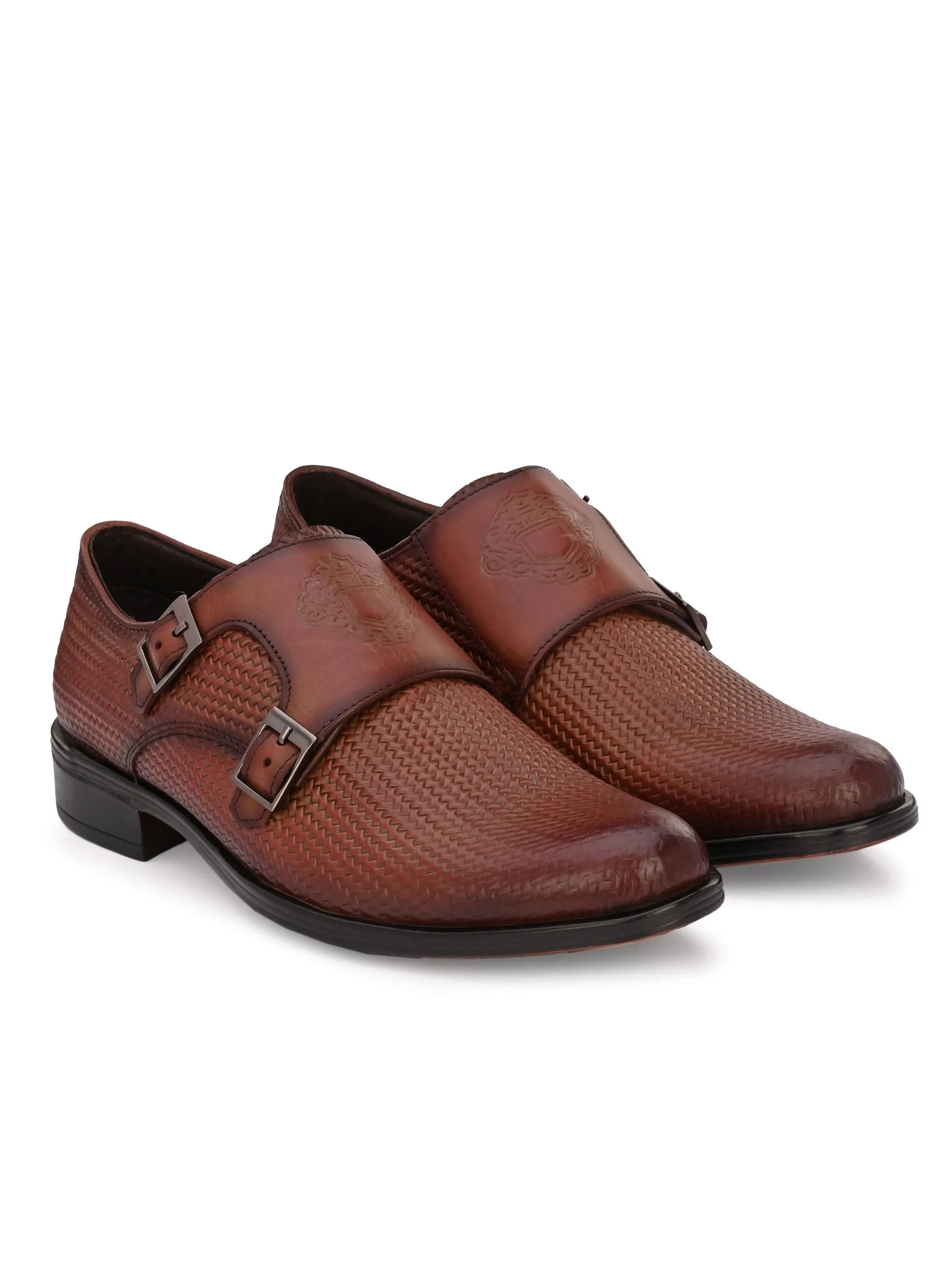 Hitz Men's Brown Leather Doble Monk Semi-Formal Shoes