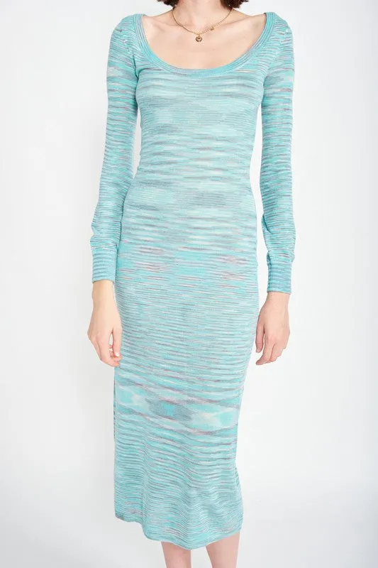 Hot Girl Breeze Scoop Neck Heathered Sweater Midi Dress In Aqua