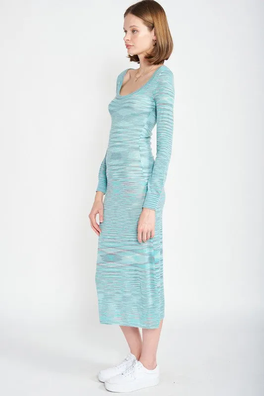 Hot Girl Breeze Scoop Neck Heathered Sweater Midi Dress In Aqua