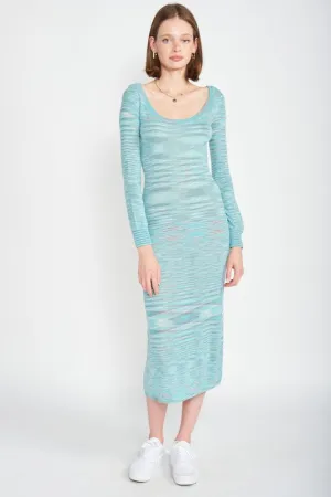 Hot Girl Breeze Scoop Neck Heathered Sweater Midi Dress In Aqua