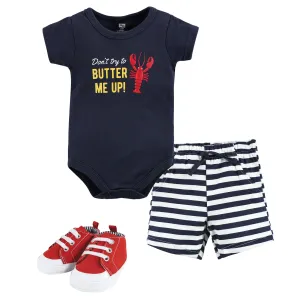 Hudson Baby Cotton Bodysuit, Shorts and Shoe Set, Butter Me Up Lobster