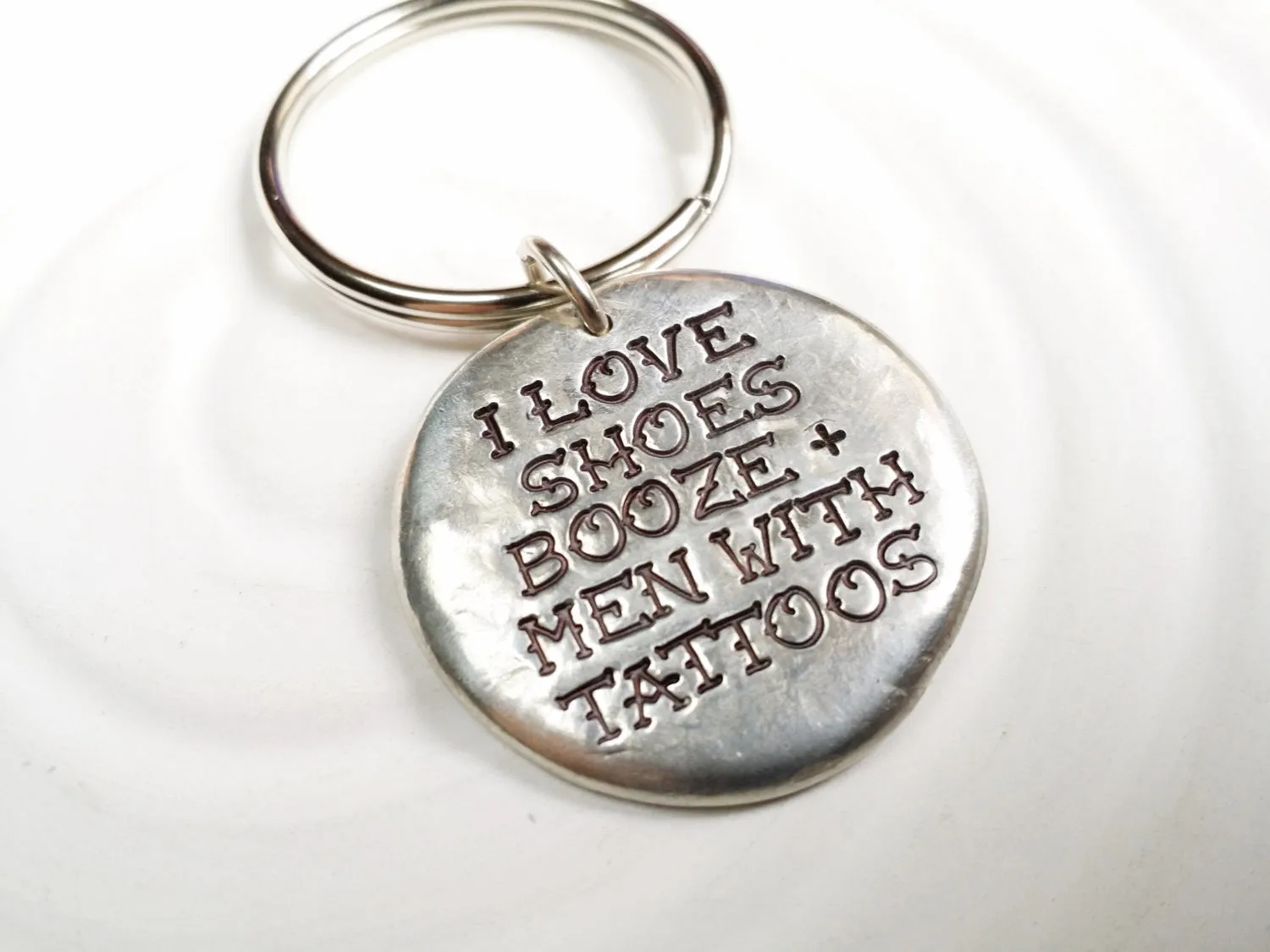 I Love Shoes, Booze and Men With Tattoos Pebble Keychain