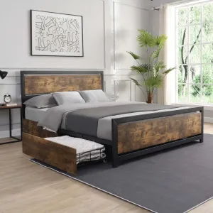 Industrial Wood and Metal Bed Platform with 4 Storage Drawers and Headboard, No Box Spring Needed, Full Size, Brown