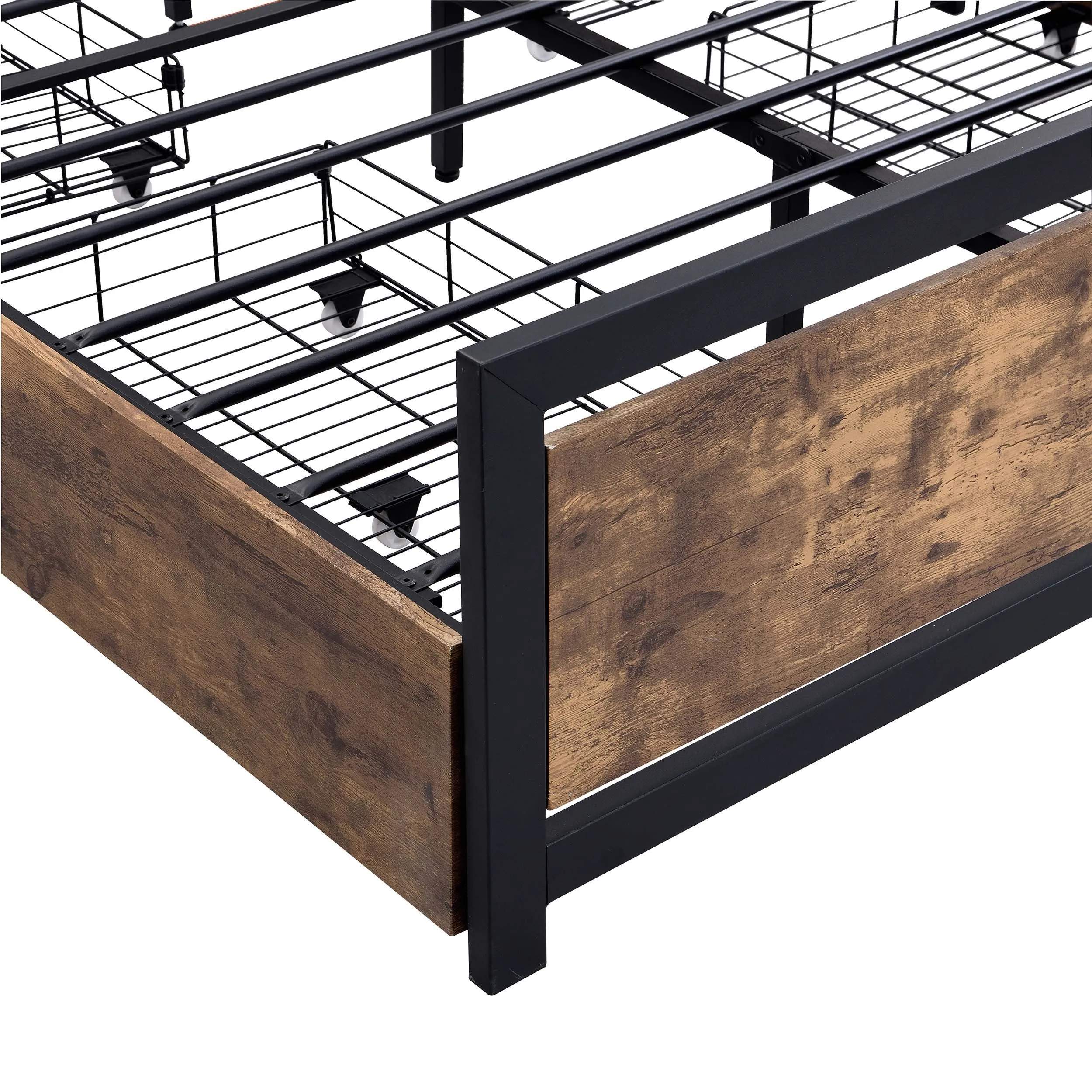 Industrial Wood and Metal Bed Platform with 4 Storage Drawers and Headboard, No Box Spring Needed, Queen Size, Brown