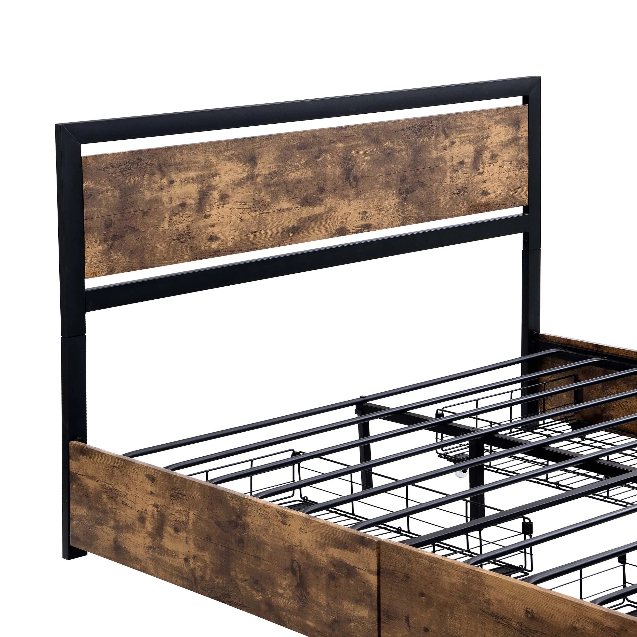 Industrial Wood and Metal Bed Platform with 4 Storage Drawers and Headboard, No Box Spring Needed, Queen Size, Brown