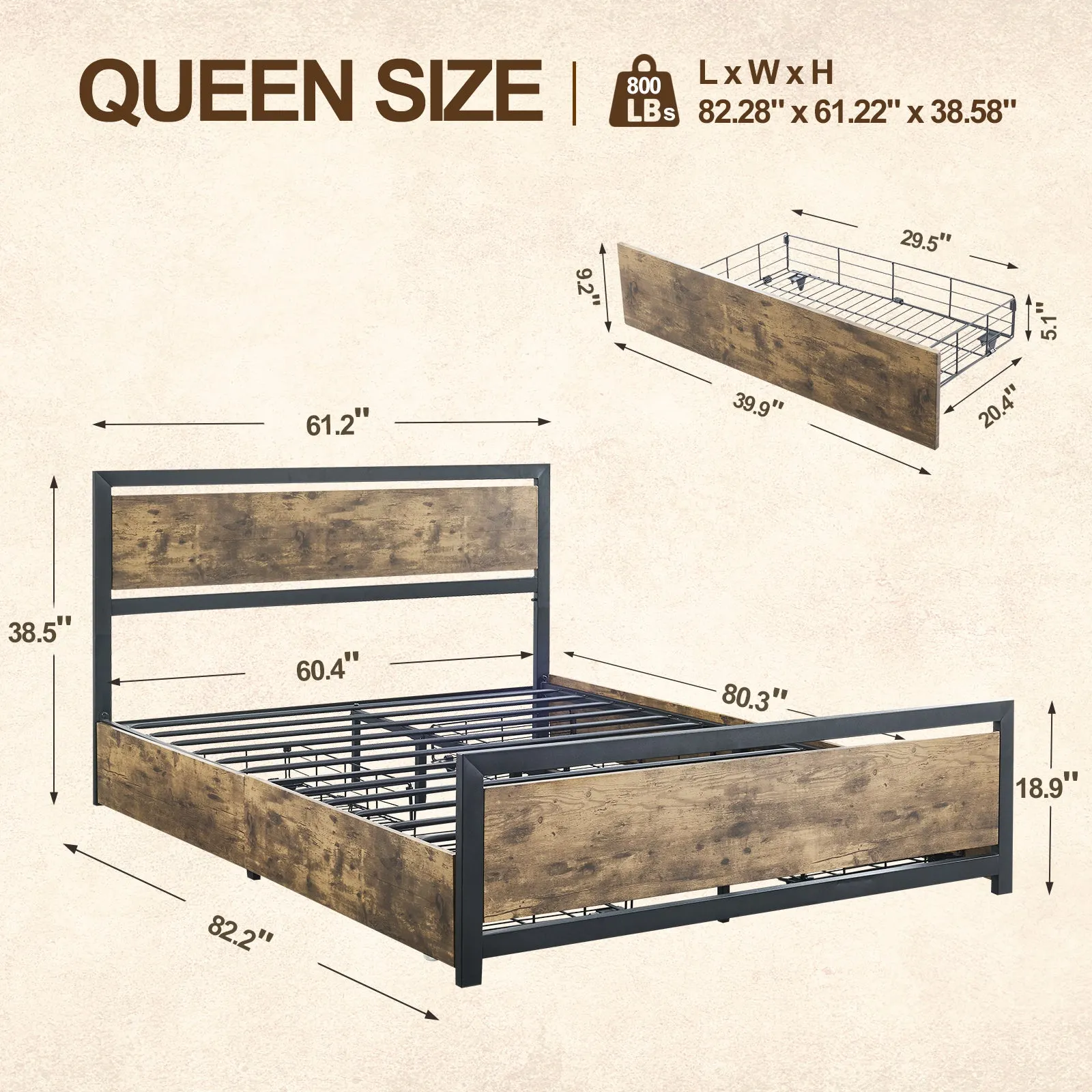 Industrial Wood and Metal Bed Platform with 4 Storage Drawers and Headboard, No Box Spring Needed, Queen Size, Brown