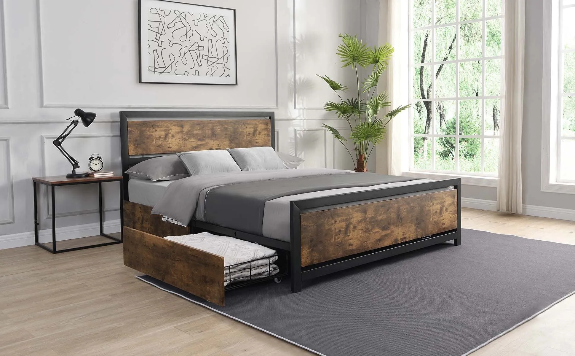 Industrial Wood and Metal Bed Platform with 4 Storage Drawers and Headboard, No Box Spring Needed, Queen Size, Brown