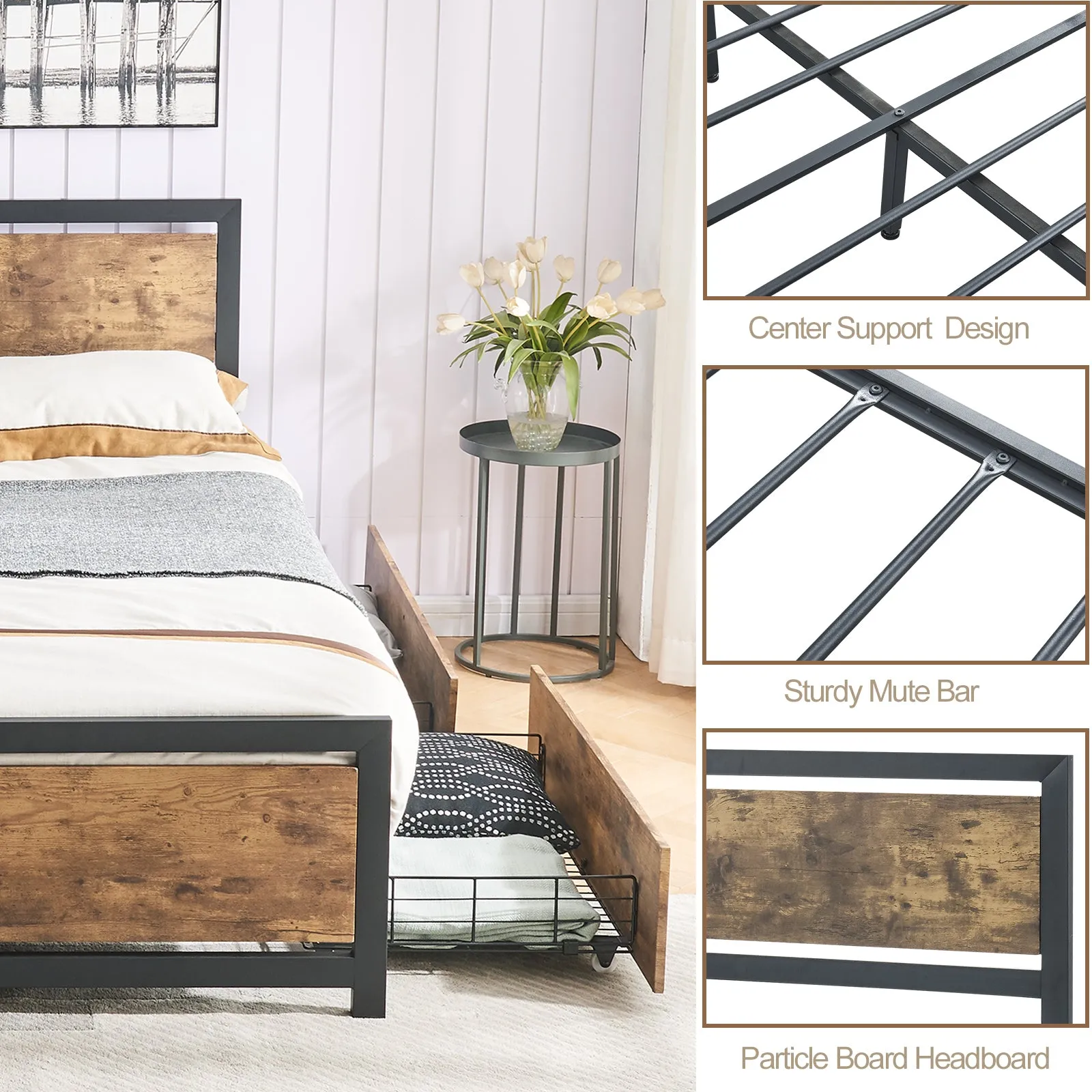 Industrial Wood and Metal Bed Platform with 4 Storage Drawers and Headboard, No Box Spring Needed, Queen Size, Brown