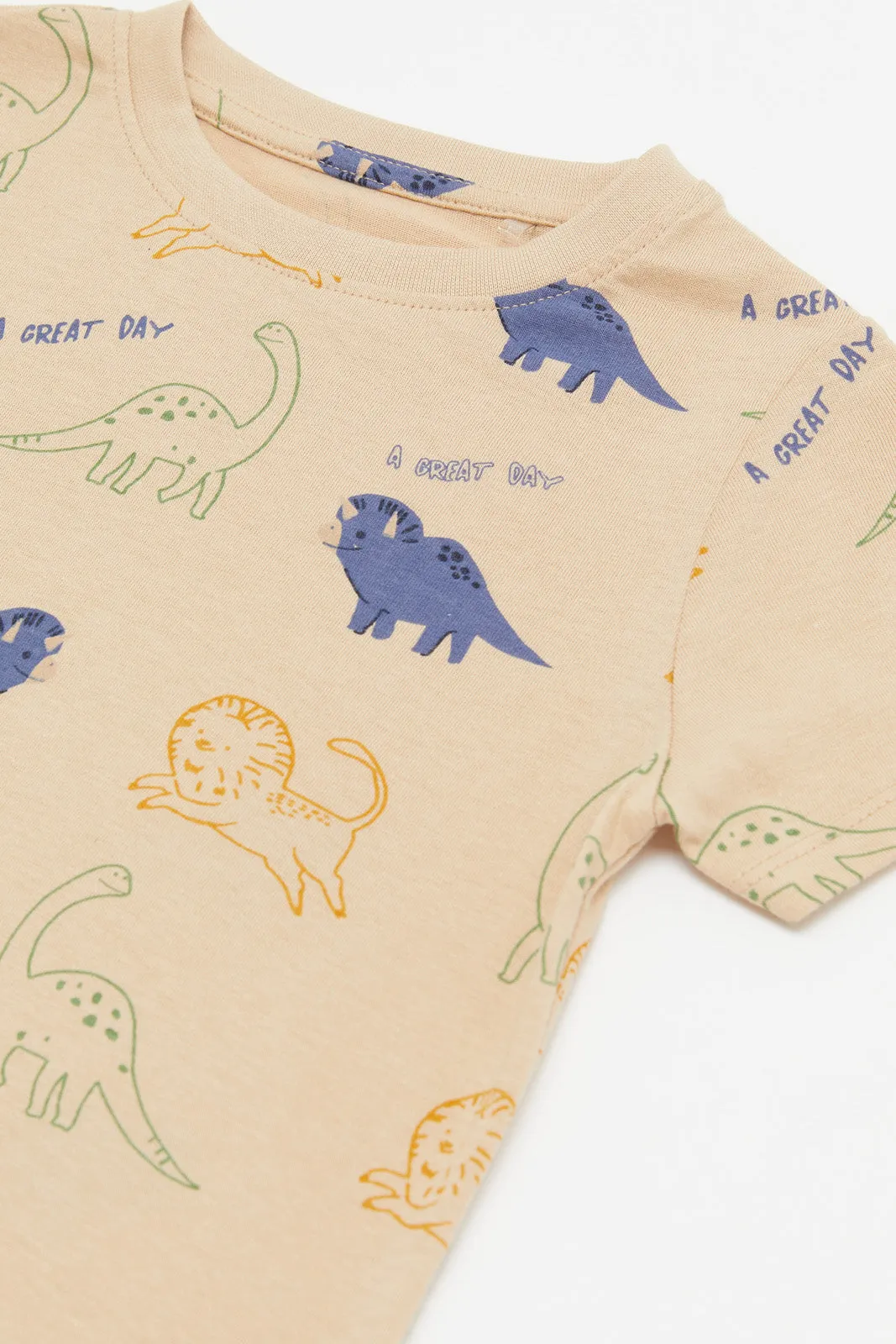 Infant Boys Beige Dino Print T-Shirt