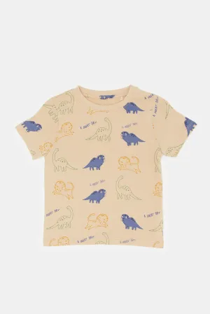 Infant Boys Beige Dino Print T-Shirt