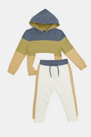 Infant Boys Blue And Beige Hooded Jog Suit Set (2 Piece)