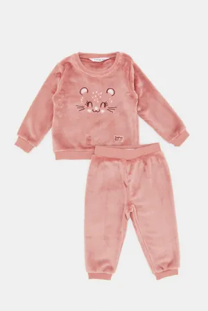 Infant Girls Pink Fleece Embellished Jog Suit (2 Piece)