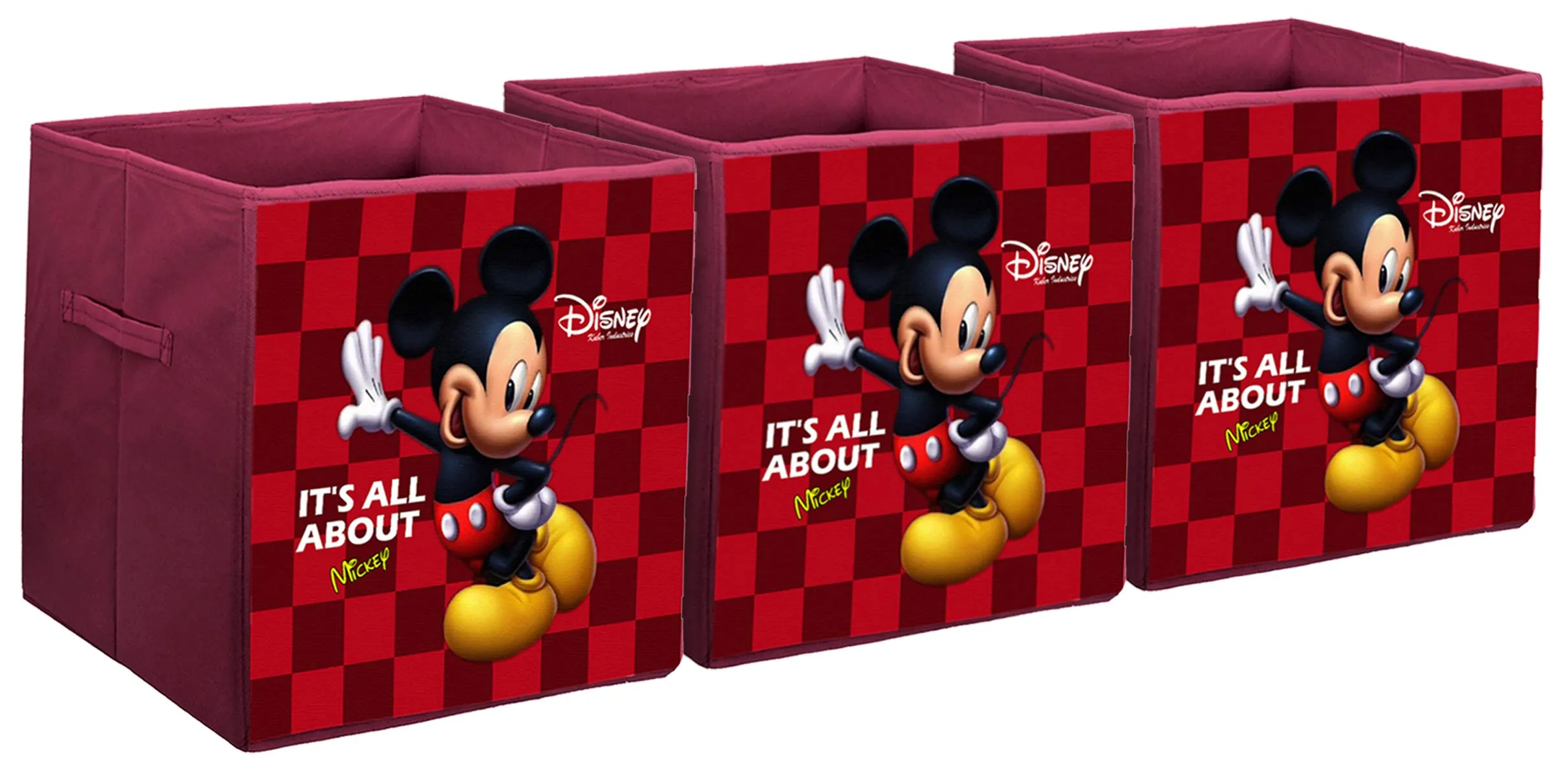 Kuber Industries Disney Mickey Mouse Print Non Woven Fabric 3 Pieces Foldable Large Size Storage Cube Toy,Books,Shoes Storage Box with Handle (Maroon)