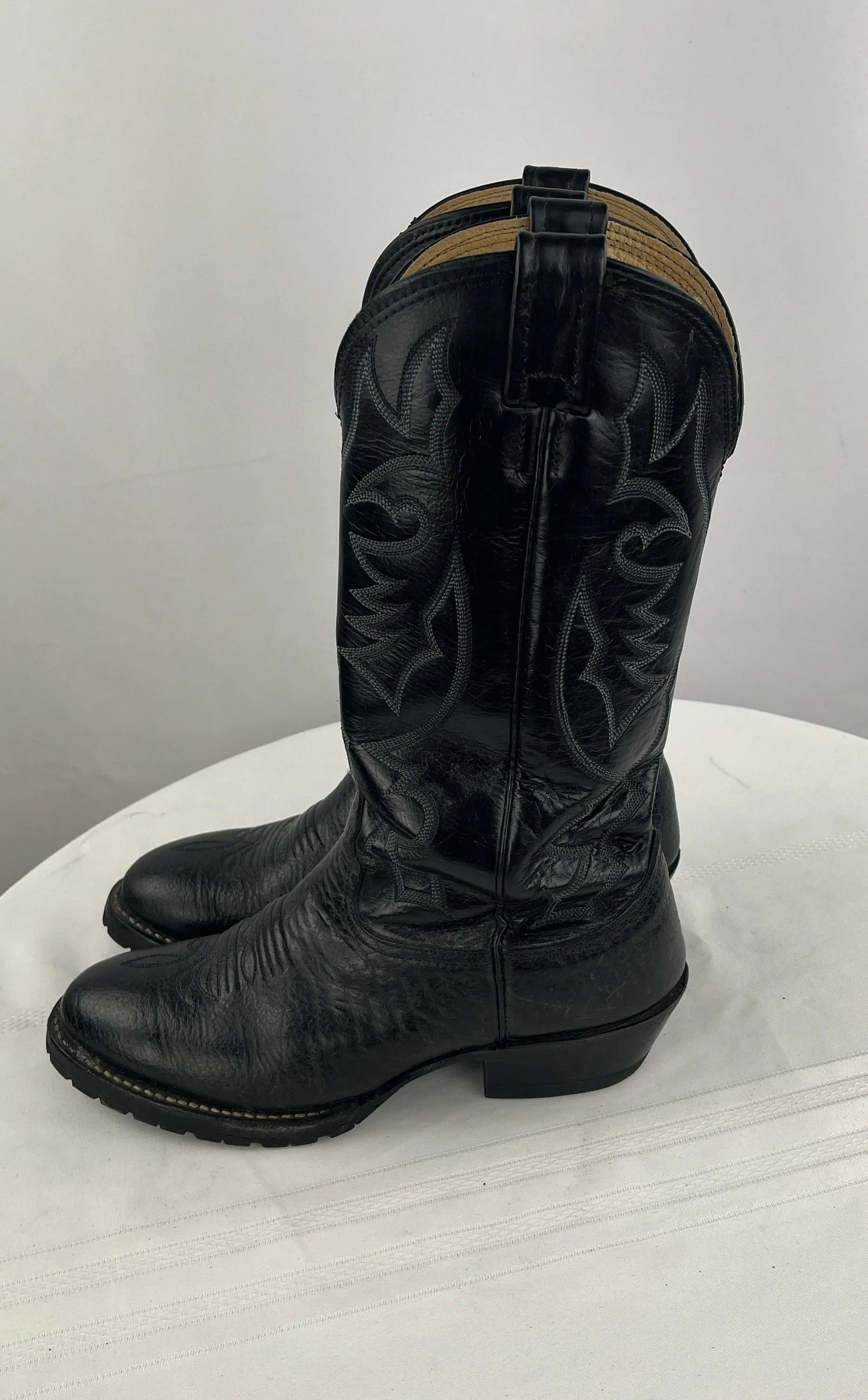 Larry Mahan Men's Black Leather W/Inlay Western Cowboy Boots Size 8D