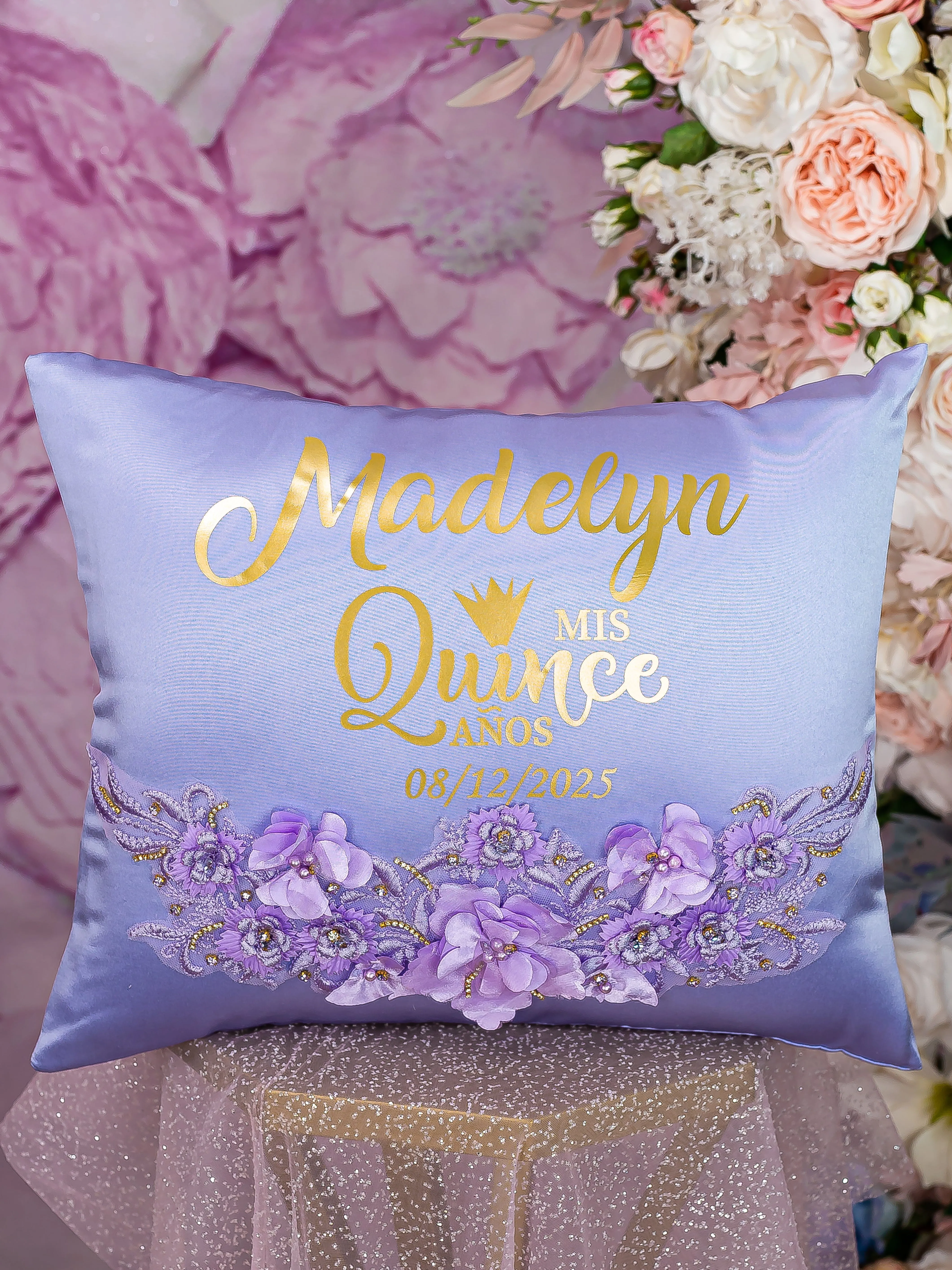 Lavender quinceanera kneeling pillow, shoes pillow