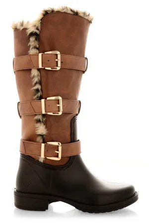 MAGNITE Camel Fur Trim Knee-High Boots