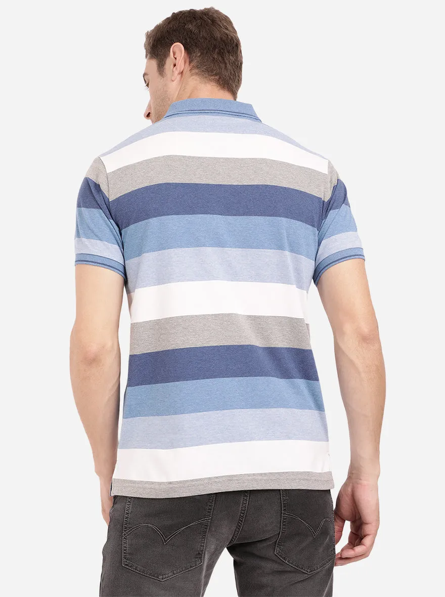 Marine Blue Striped Slim Fit Polo T-Shirt | Greenfibre