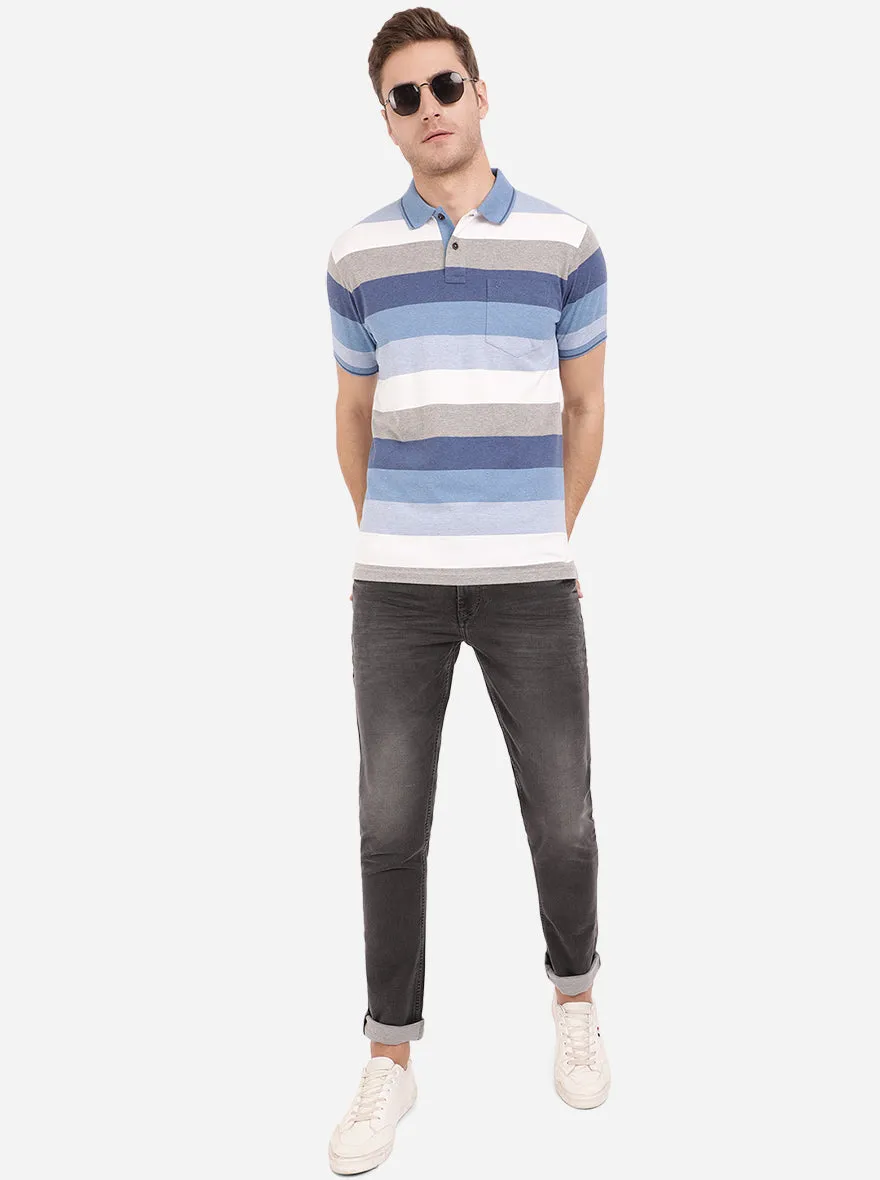 Marine Blue Striped Slim Fit Polo T-Shirt | Greenfibre