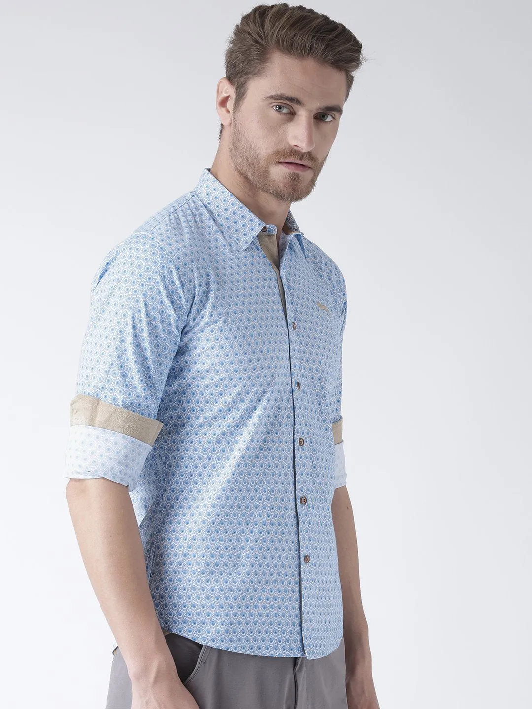 Men Blue Solid Cotton Regular Fit Shirt