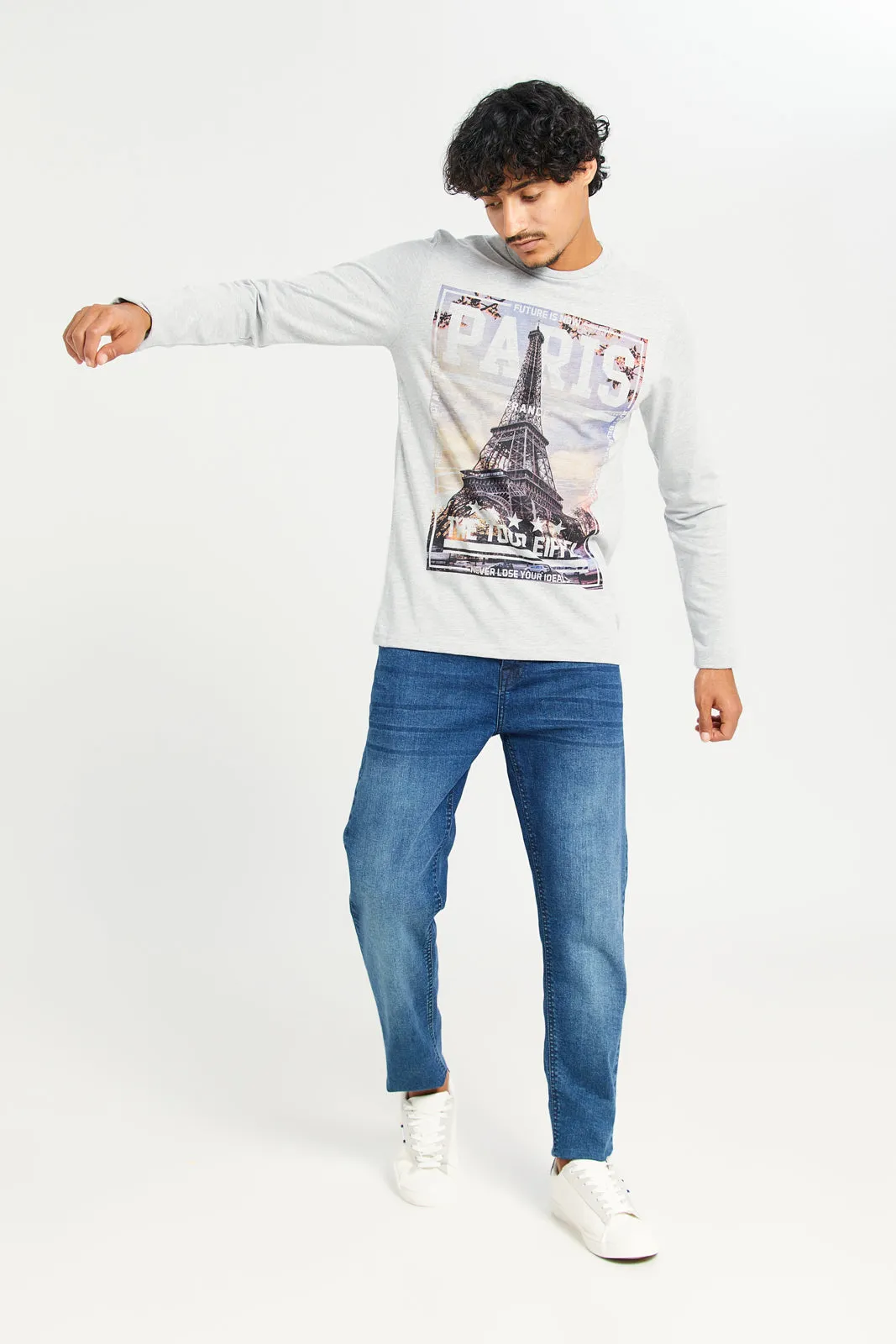 Men Grey Printed Long Sleeve T-Shirt