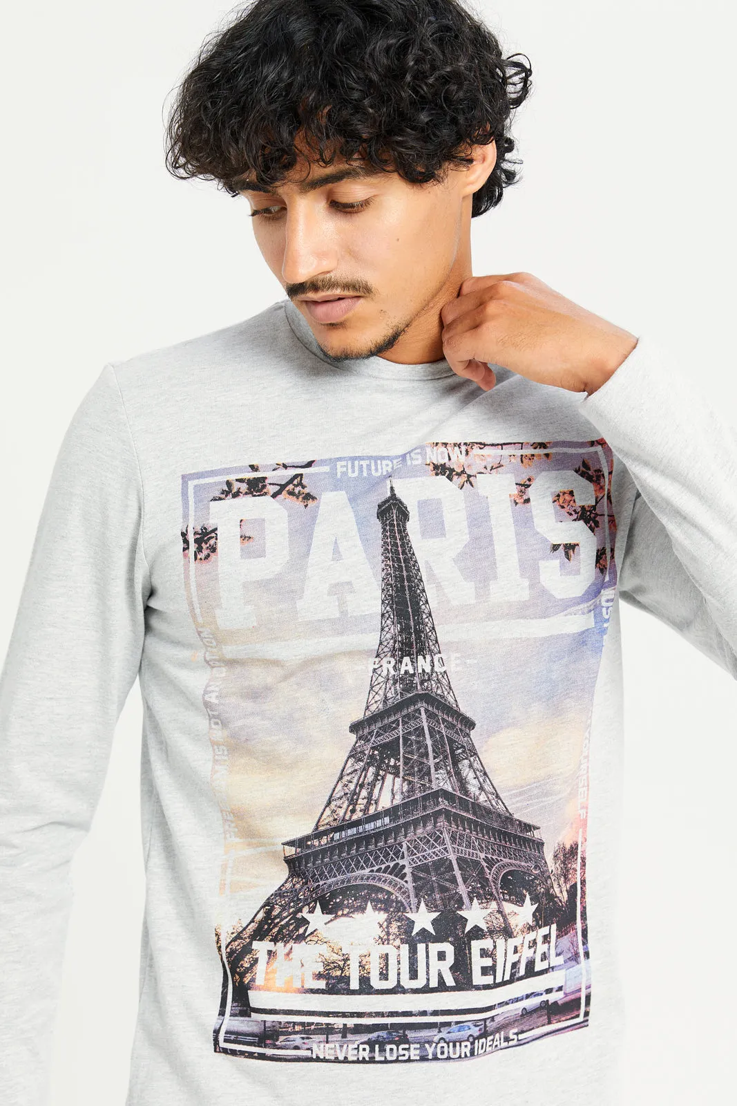 Men Grey Printed Long Sleeve T-Shirt