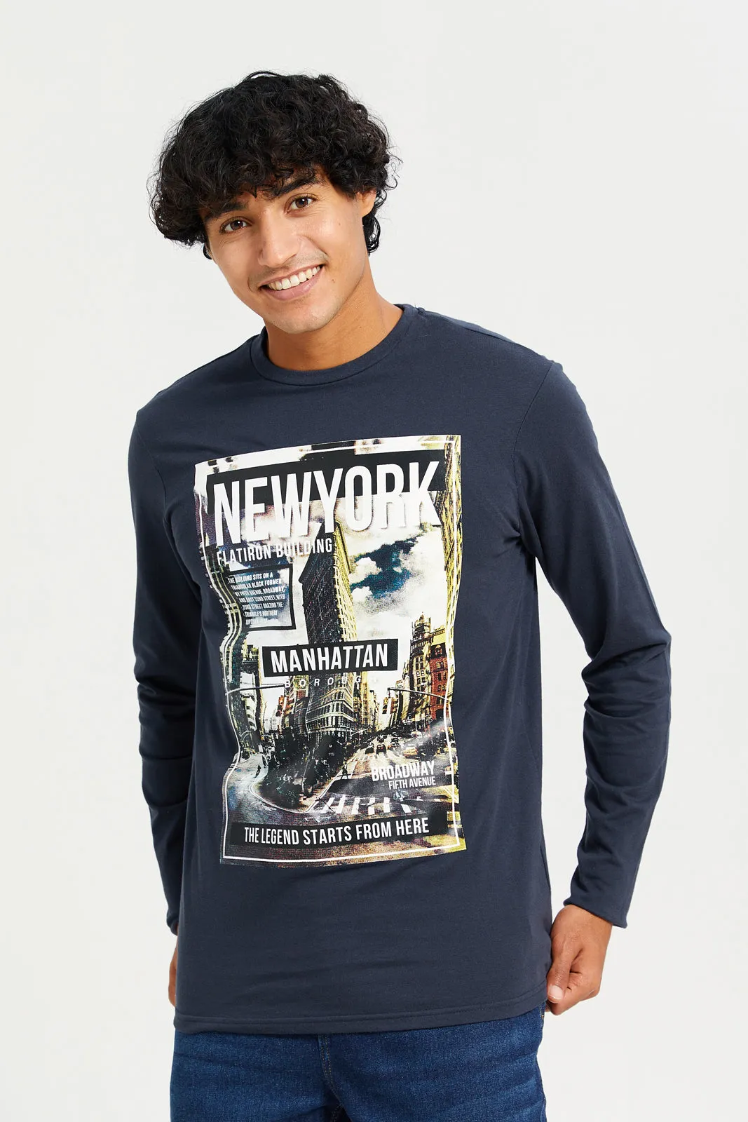 Men Navy Long Sleeve Printed T-shirt