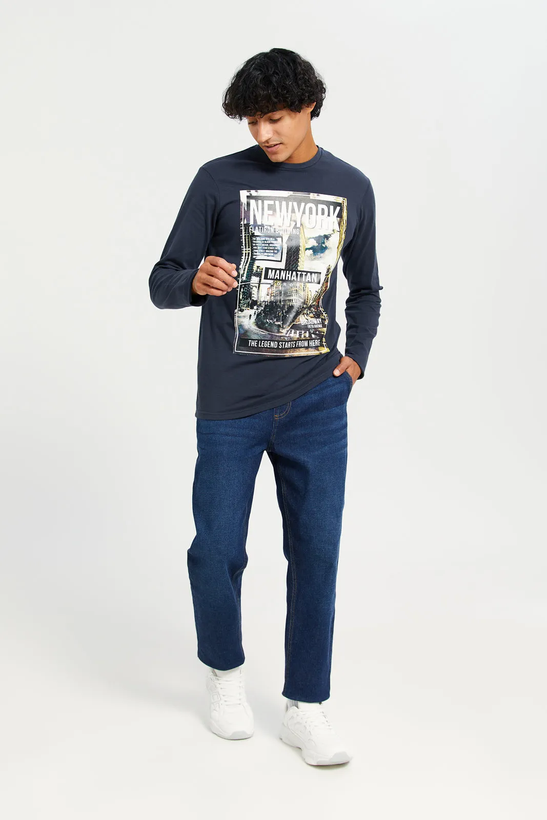 Men Navy Long Sleeve Printed T-shirt