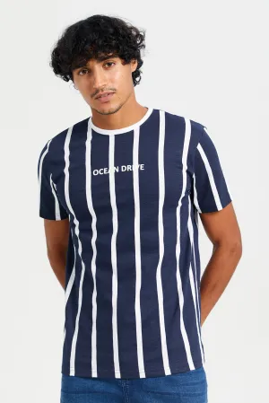 Men Navy Striped T-Shirt