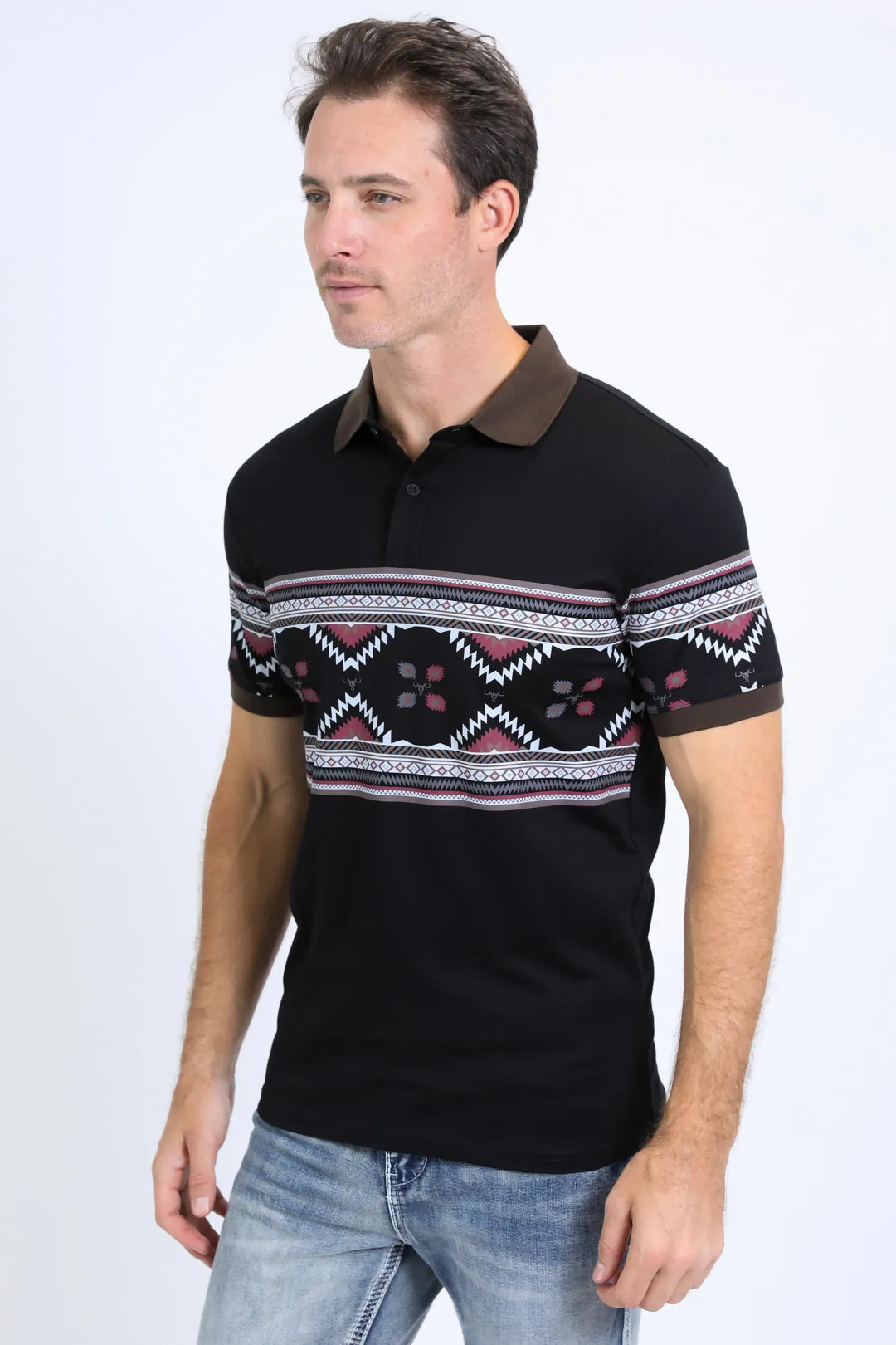 Men's Aztec Panoramic Print Black Polo