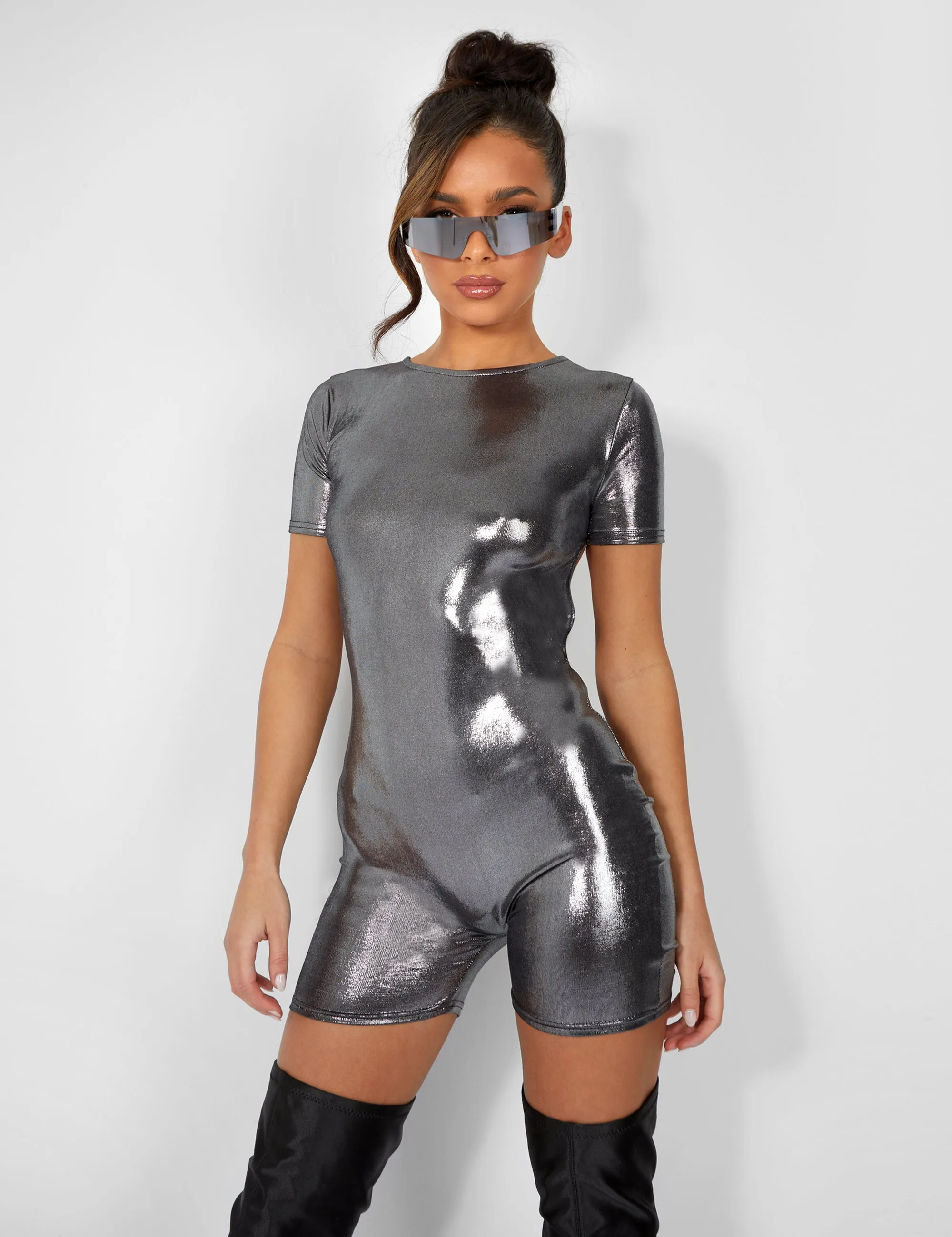 Metallic Open Back Detail Short Sleeve Unitard Playsuit Silver