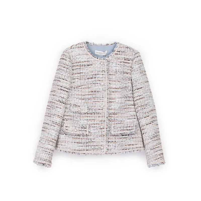 Mist Blue Short Tweed Fray Boucle Jacket