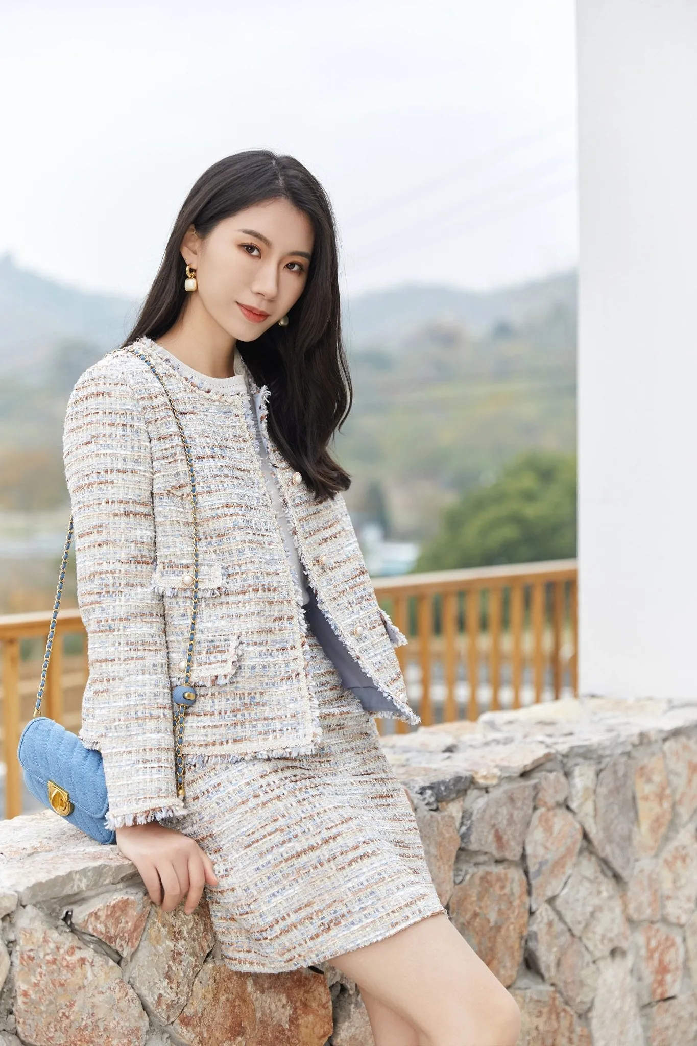 Mist Blue Short Tweed Fray Boucle Jacket