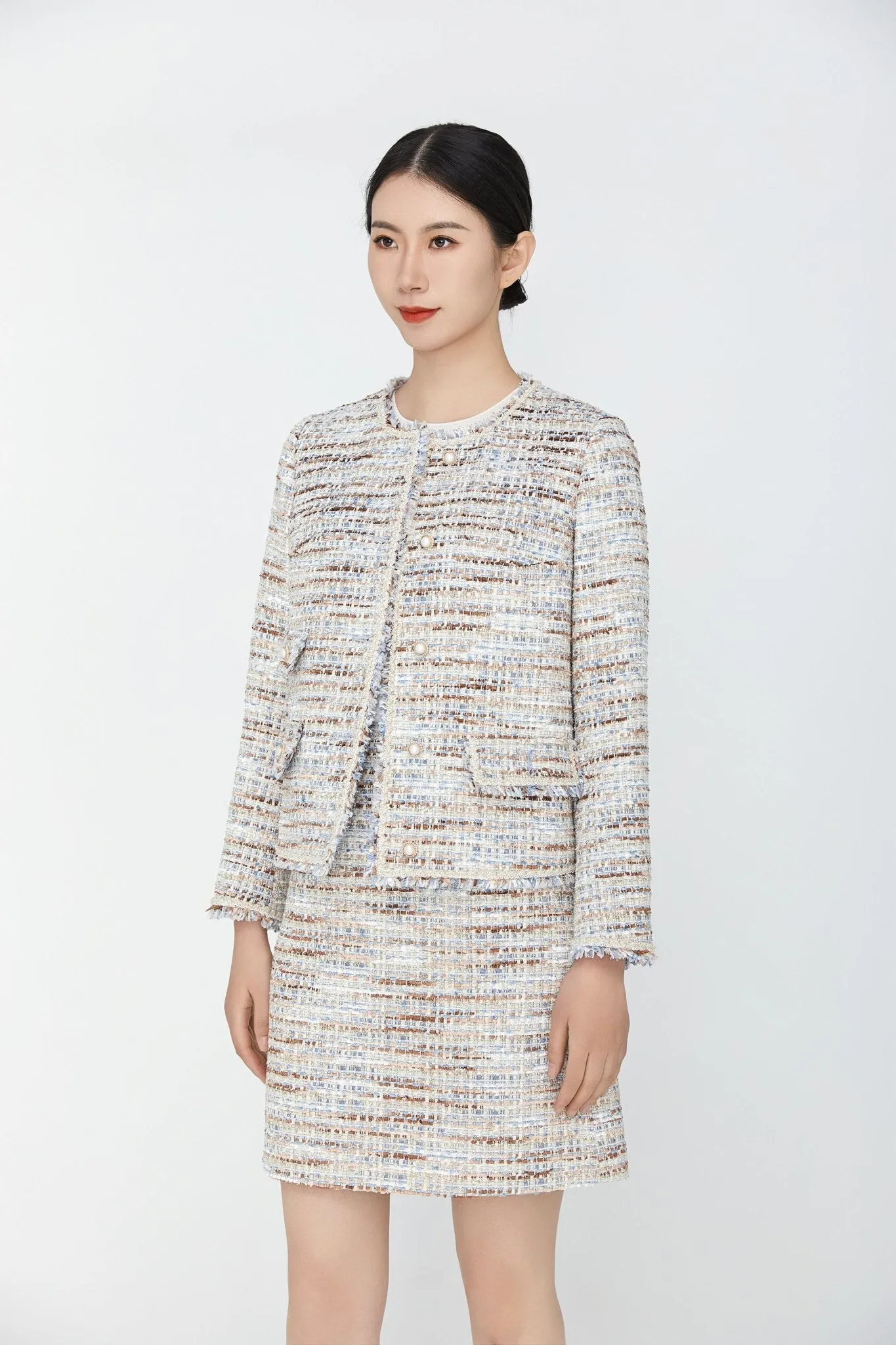 Mist Blue Short Tweed Fray Boucle Jacket