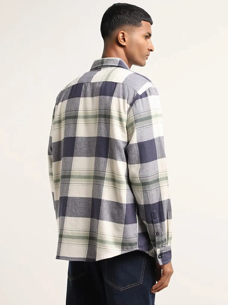 Nuon Blue Plaid Checked Cotton Relaxed Fit Shirt