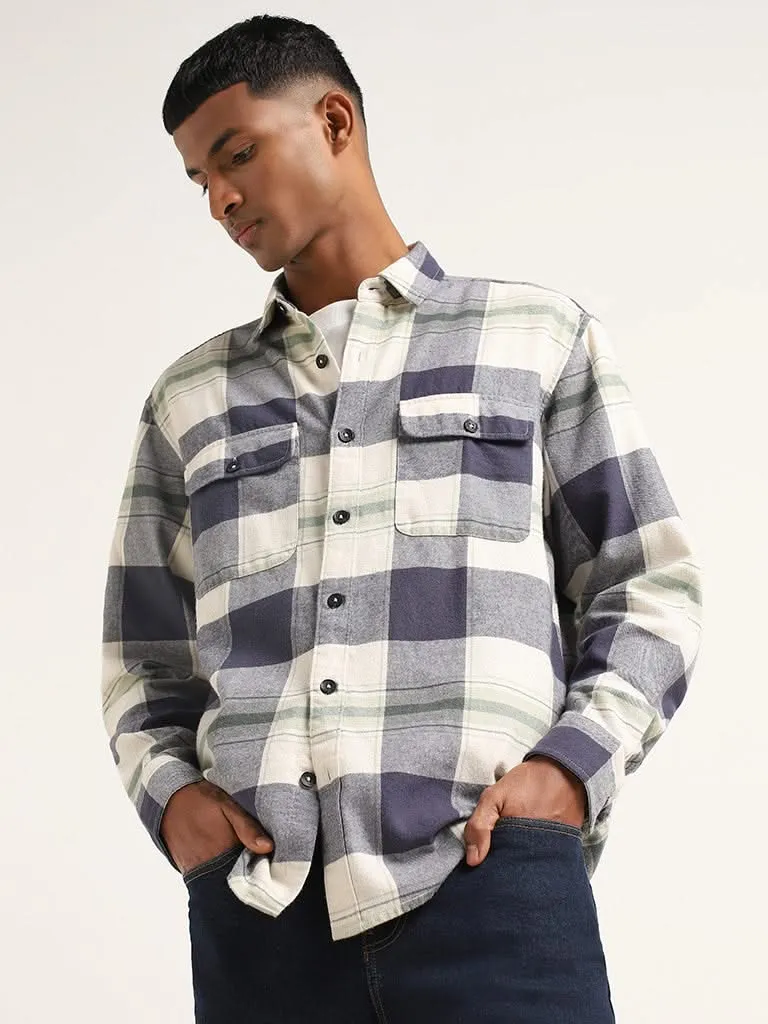 Nuon Blue Plaid Checked Cotton Relaxed Fit Shirt