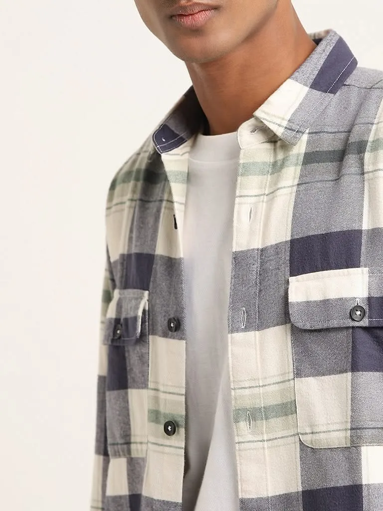 Nuon Blue Plaid Checked Cotton Relaxed Fit Shirt