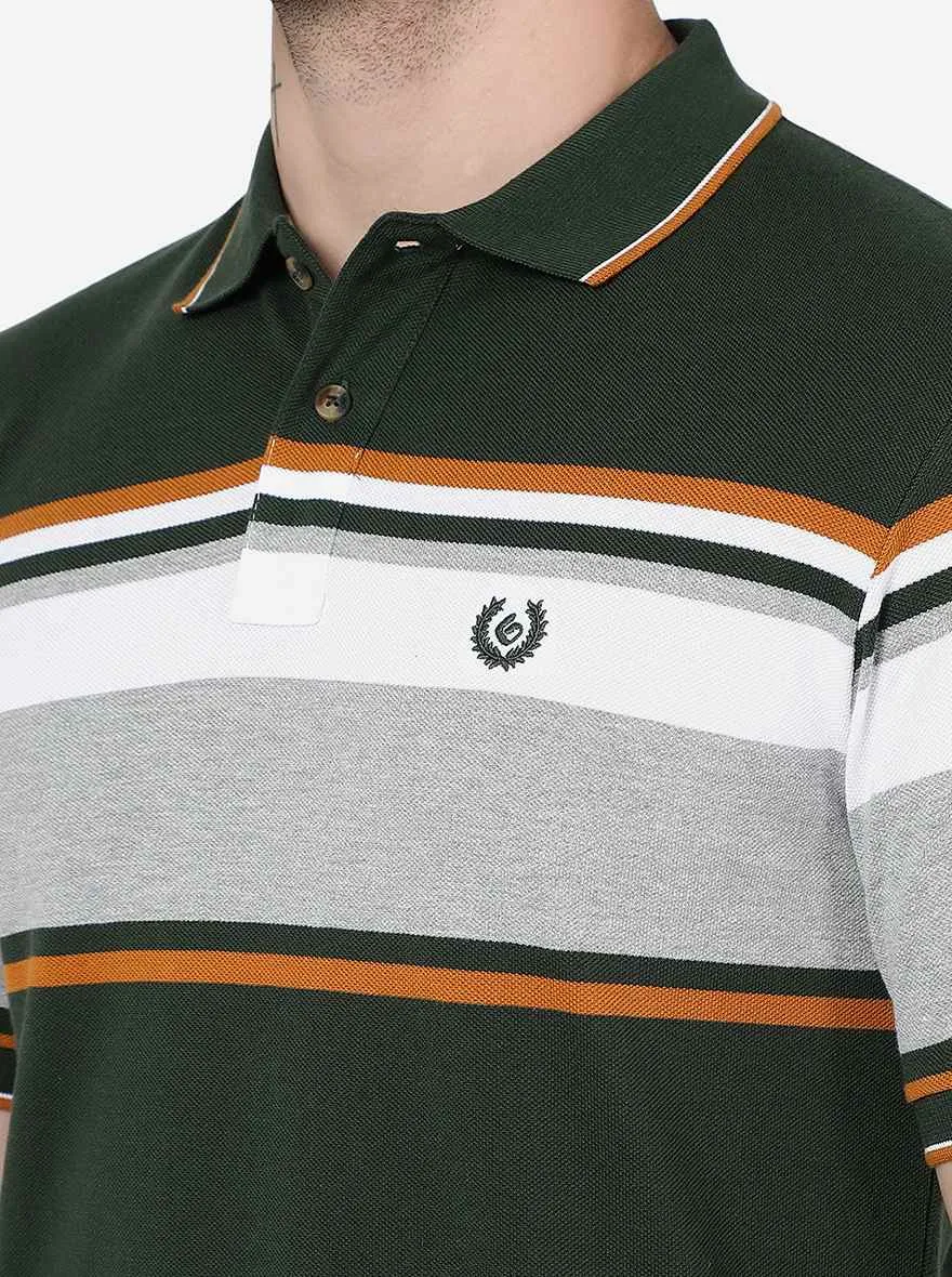 Olive Green Striped Slim Fit Polo T-Shirt | Greenfibre