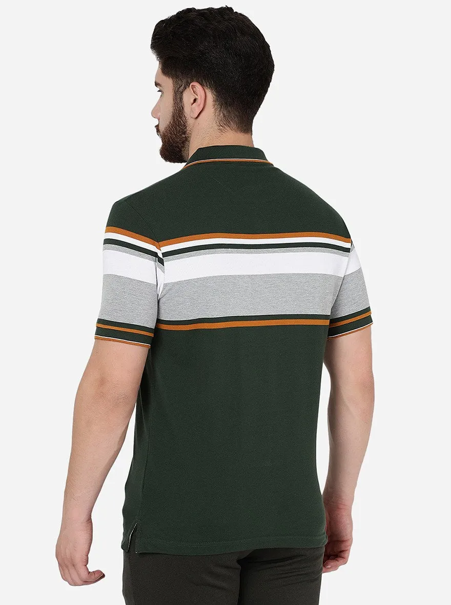 Olive Green Striped Slim Fit Polo T-Shirt | Greenfibre