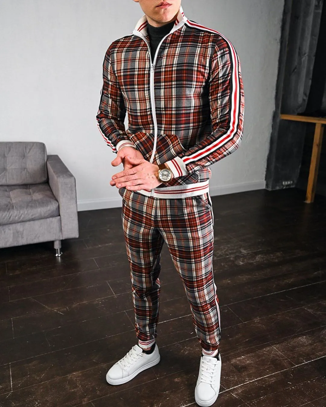 Plaid Style Men Tracksuits