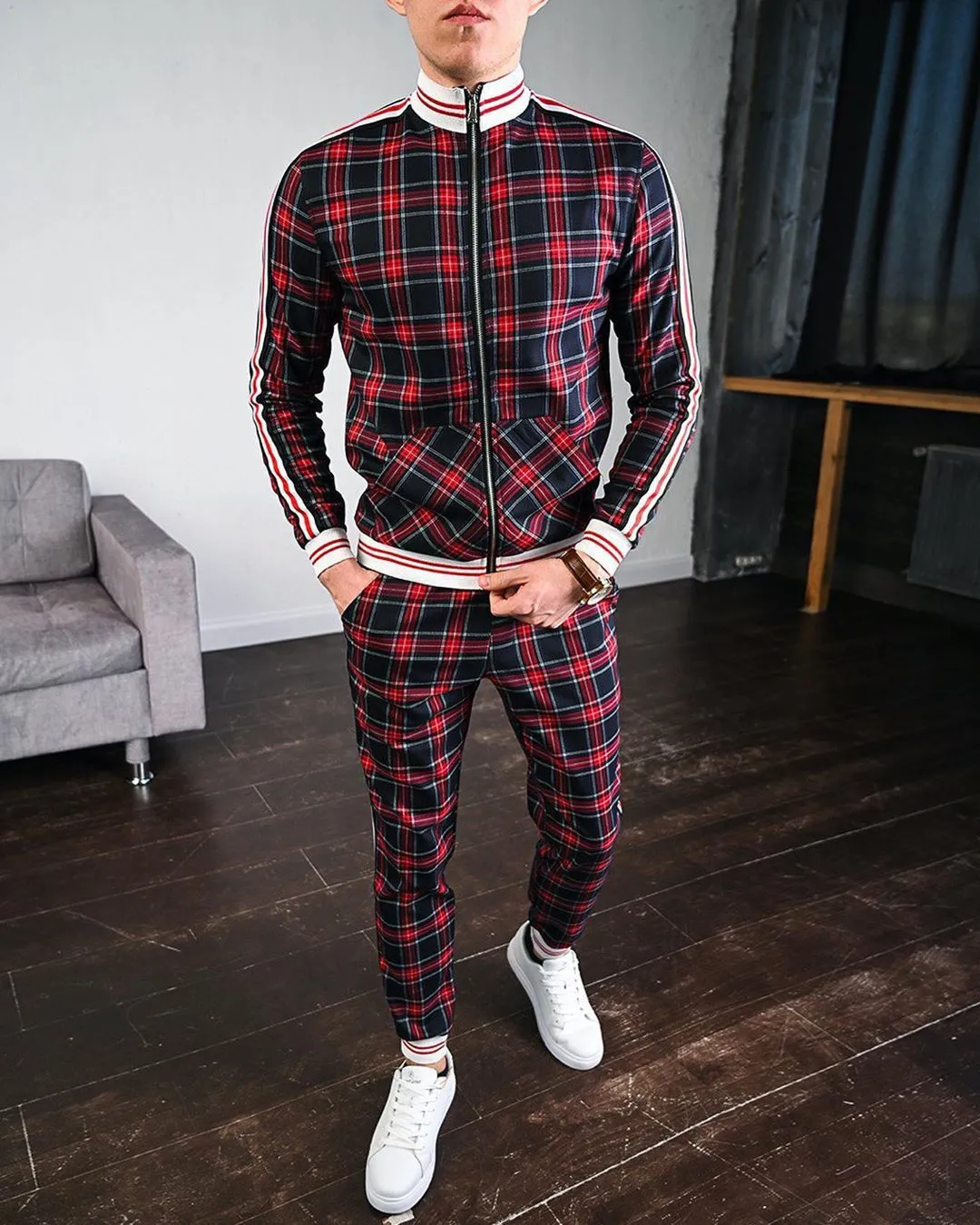 Plaid Style Men Tracksuits