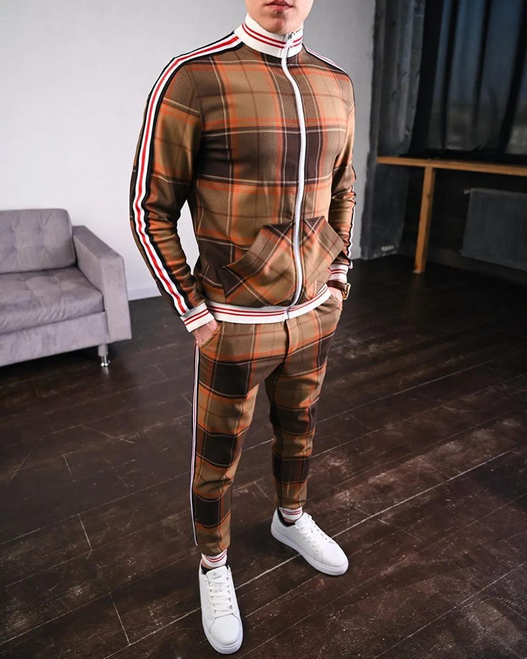 Plaid Style Men Tracksuits