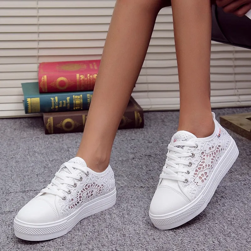 Purpdrank - Women Shoes Fashion Summer Casual White Shoes Cutouts Lace Canvas Hollow Breathable Platform Flat Shoes Woman Sneakers