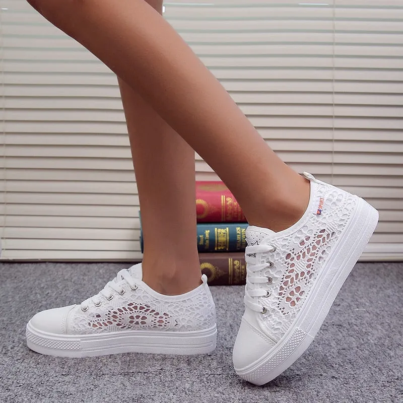 Purpdrank - Women Shoes Fashion Summer Casual White Shoes Cutouts Lace Canvas Hollow Breathable Platform Flat Shoes Woman Sneakers