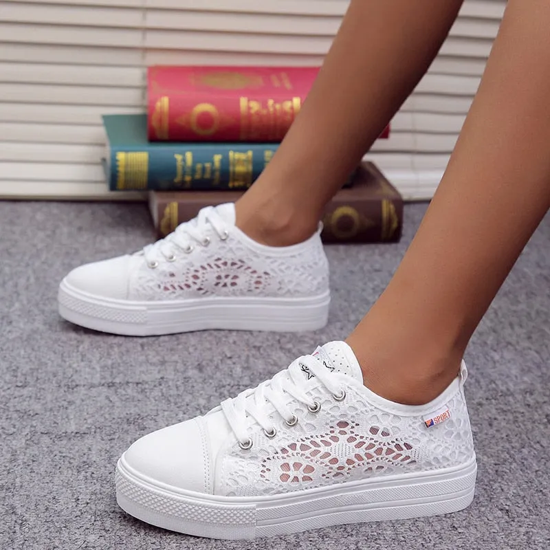 Purpdrank - Women Shoes Fashion Summer Casual White Shoes Cutouts Lace Canvas Hollow Breathable Platform Flat Shoes Woman Sneakers