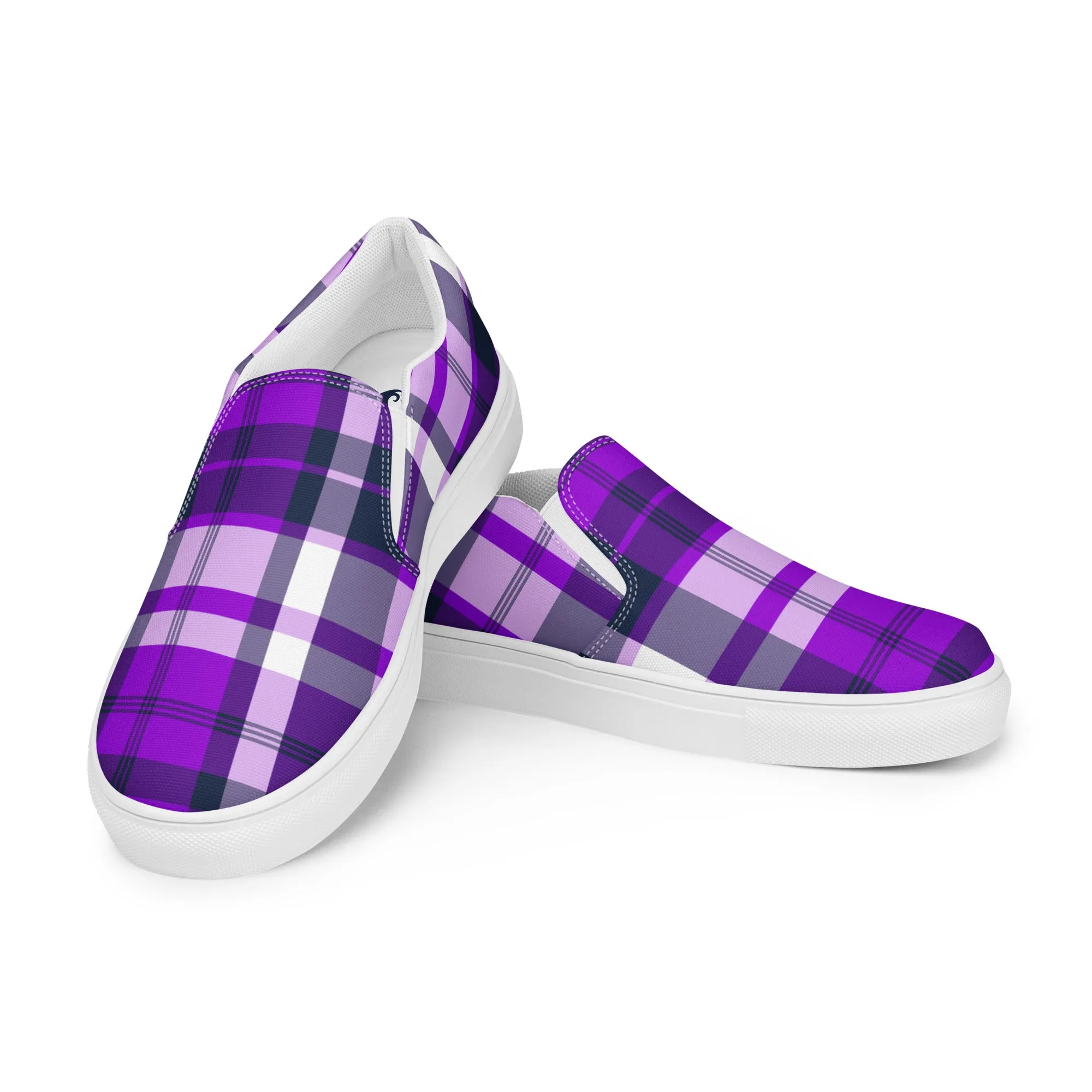 Purple and Navy Blue Preppy Surfer Plaid Men’s Slip On Canvas Shoes