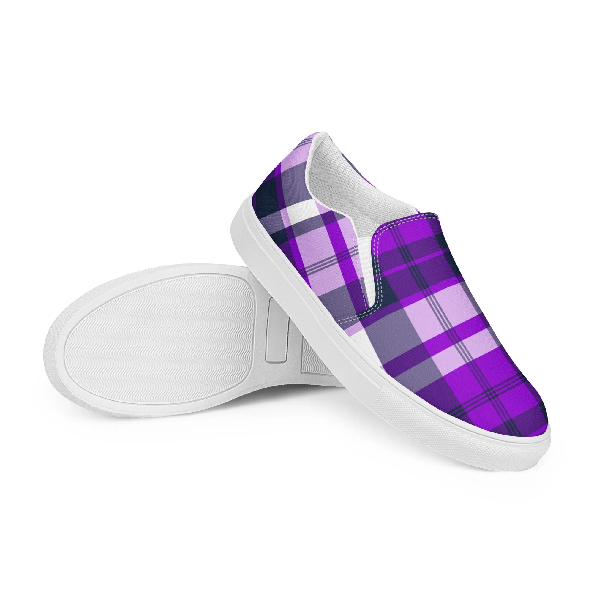 Purple and Navy Blue Preppy Surfer Plaid Men’s Slip On Canvas Shoes