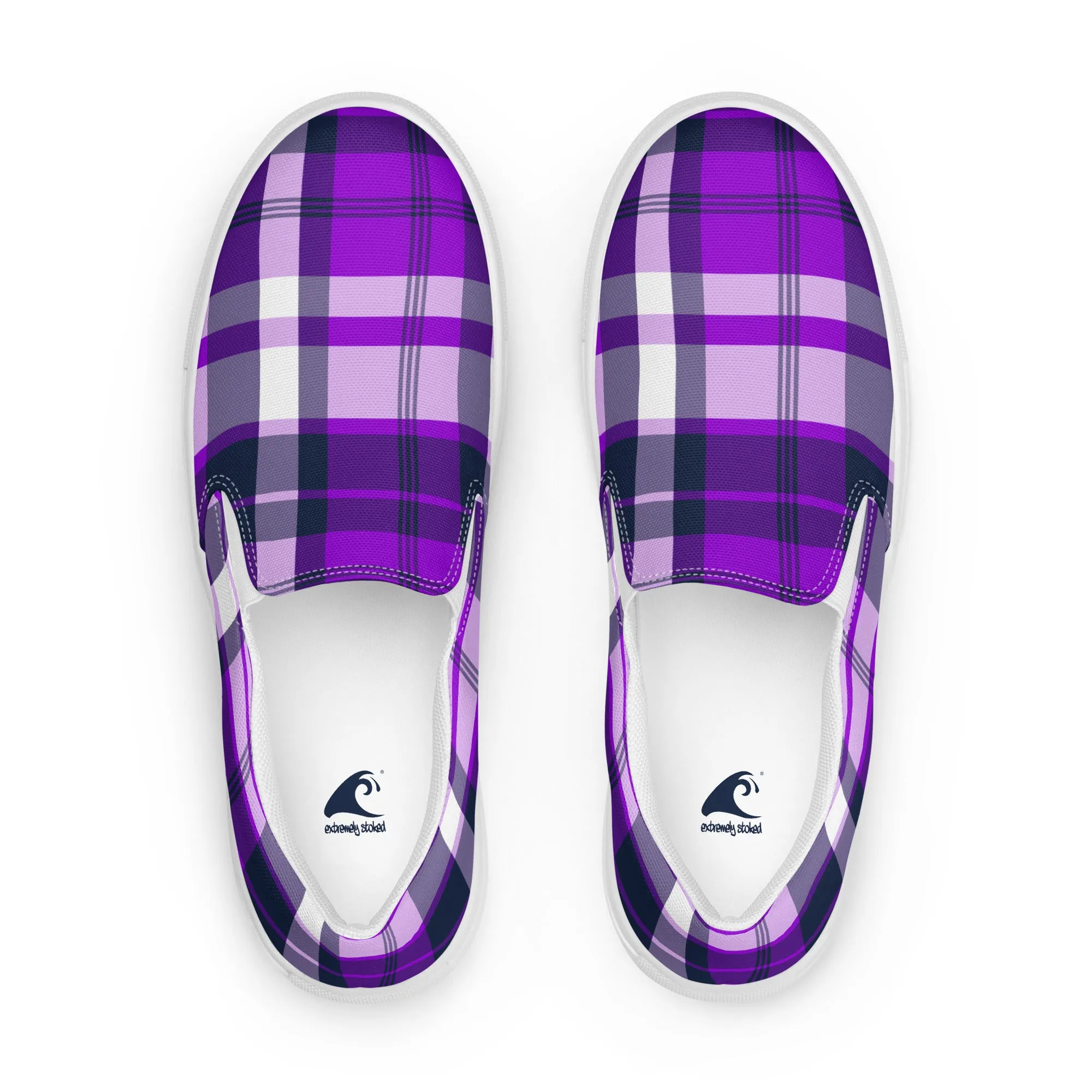 Purple and Navy Blue Preppy Surfer Plaid Men’s Slip On Canvas Shoes