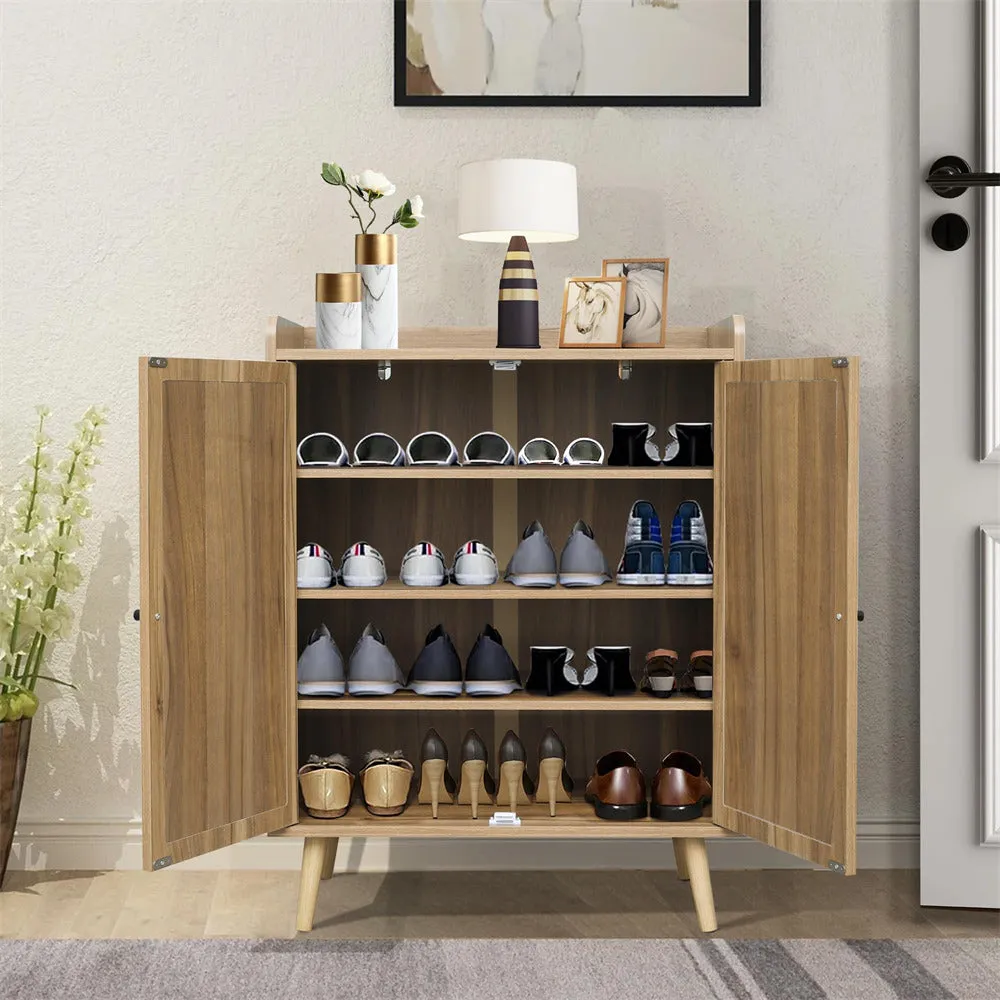 Rattan Shoe Cabinet 4-Tier Freestanding Shoe Rack With 2 Rattan Doors