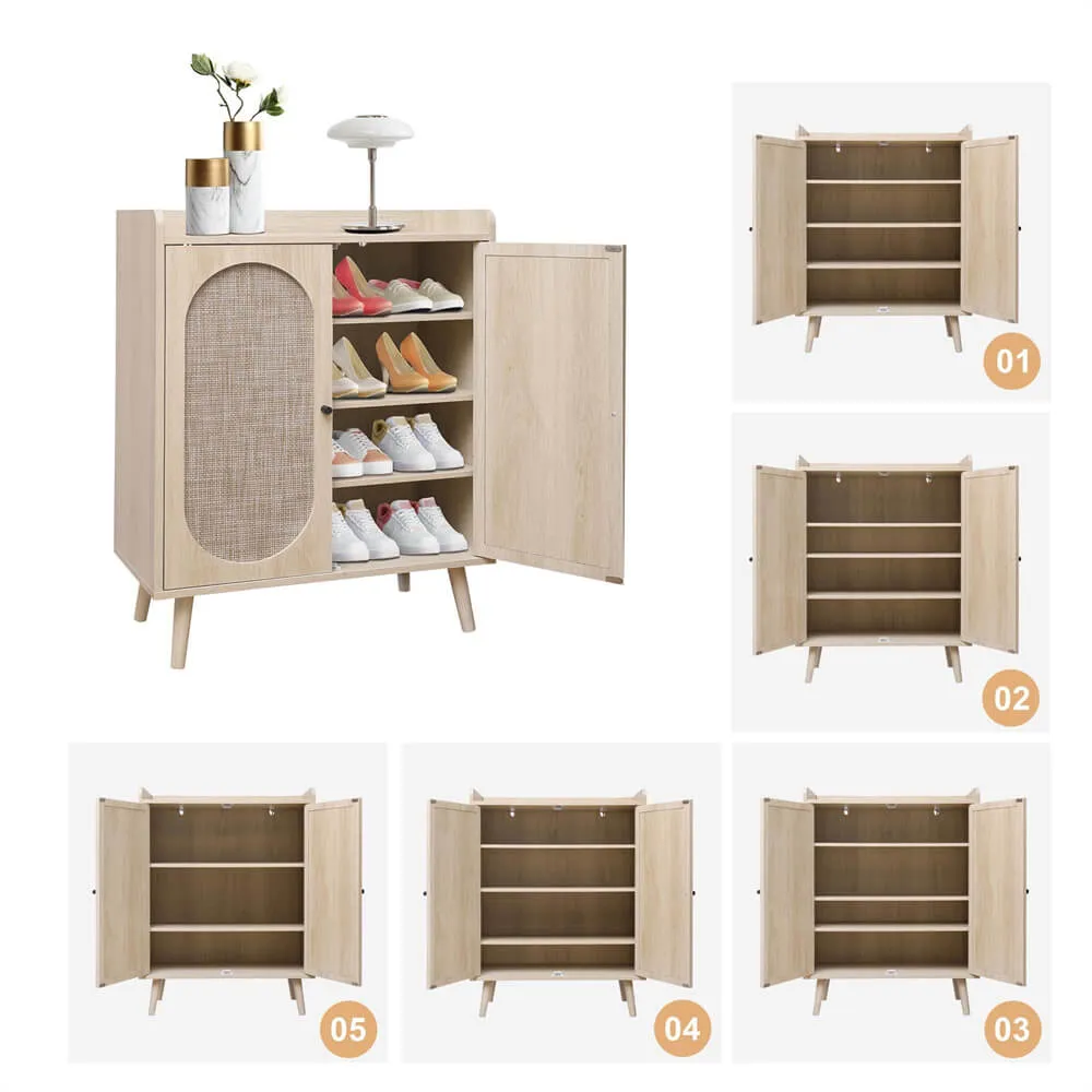 Rattan Shoe Cabinet 4-Tier Freestanding Shoe Rack With 2 Rattan Doors