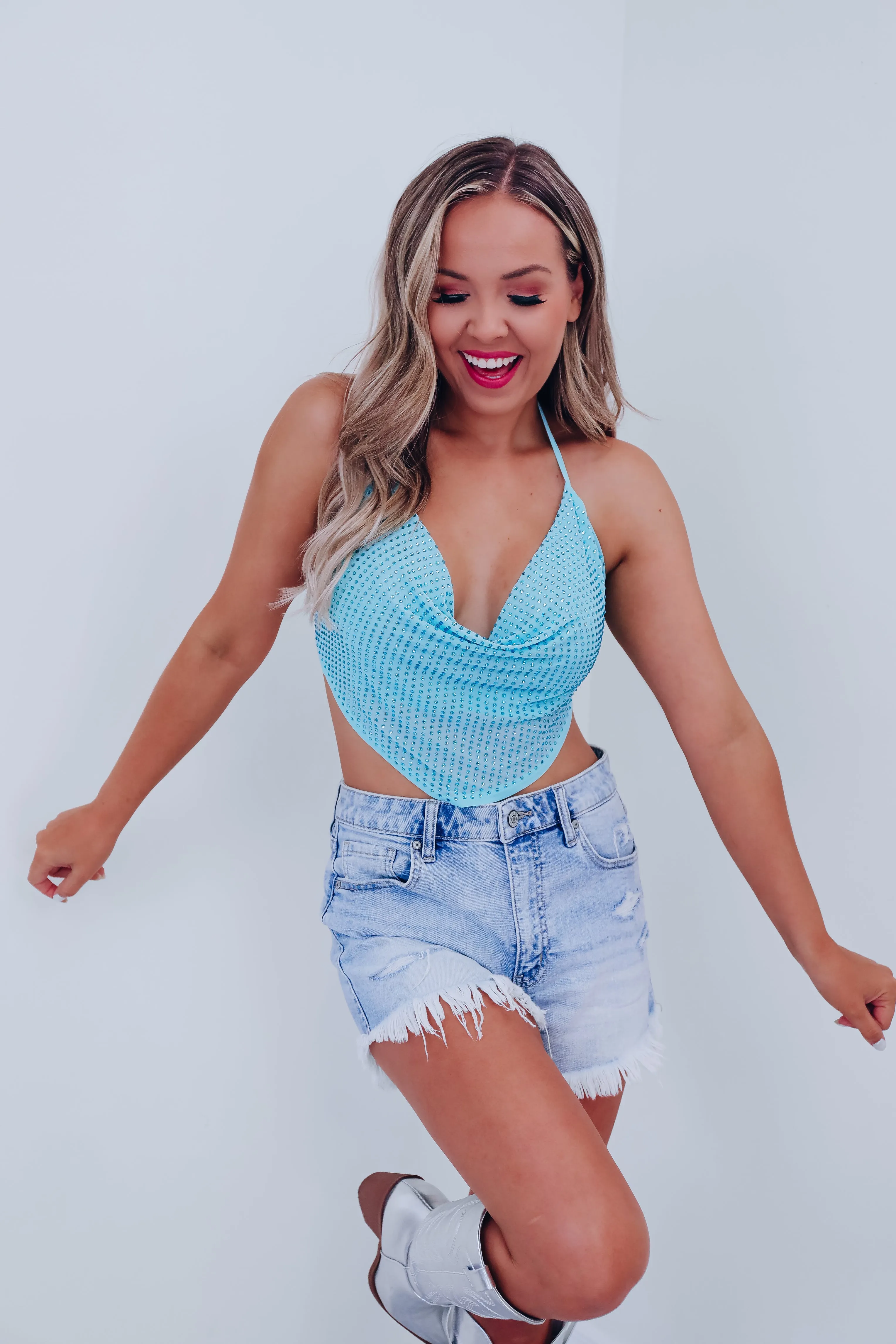 Reah Rhinestone Mesh Halter Top - Blue